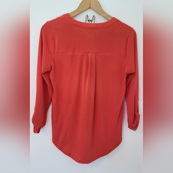 Michael Kors Coral Orange Quarter Zip Rolltab sleeve Blouse - Picture 4 of 8